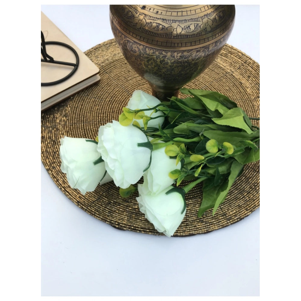 Generic Artificial Flowers Bunch Bouquet Of 6 Garden Roses For Home Decoration (Color: White, Material: Silk Polyester)