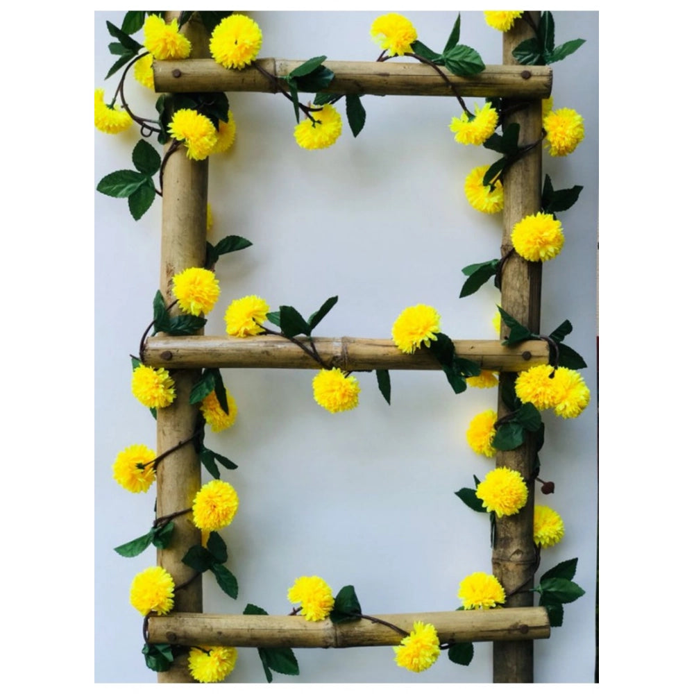 Generic Artificial Yellow Chrysanthemum Dahlia Flower Vine Creeper With Big Green Leaves For Home Decoraton (Color: Yellow, Material: Silk Polyester)