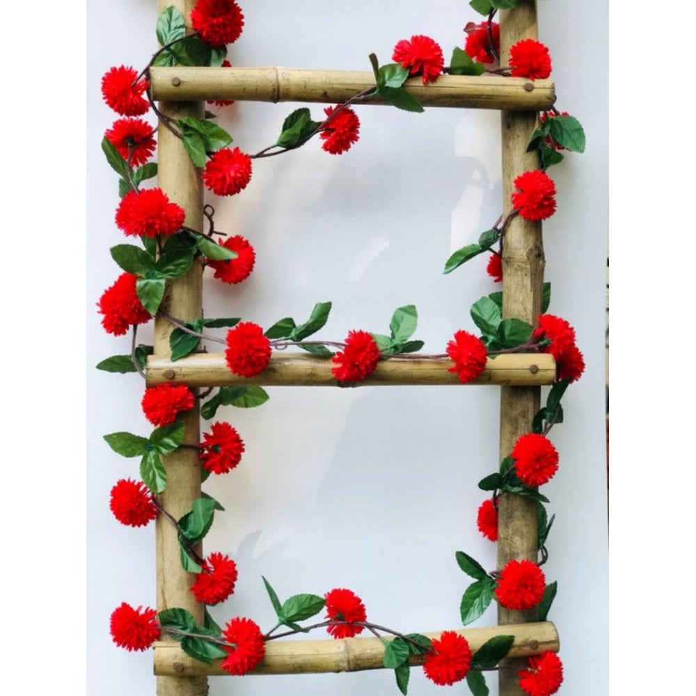 Generic Artificial Red Chrysanthemum Dahlia Flower Vine Creeper With Big Green Leaves For Home Decoraton (Color: Red, Material: Silk Polyester)