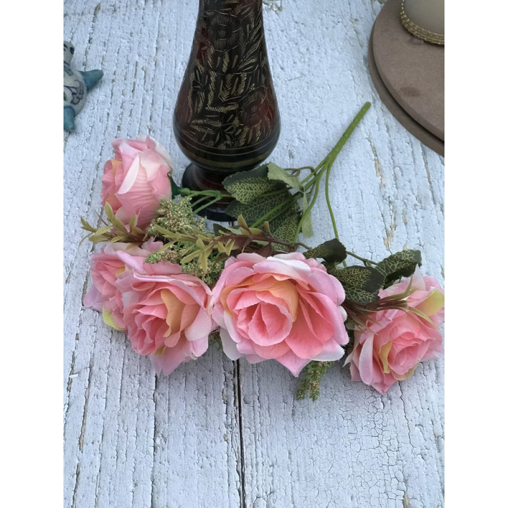 Generic Artificial Flowers Bunch Bouquet Of 5 Vintage Garden Roses For Home Decoration (Peach Pink, Material:Silk, Polyester)