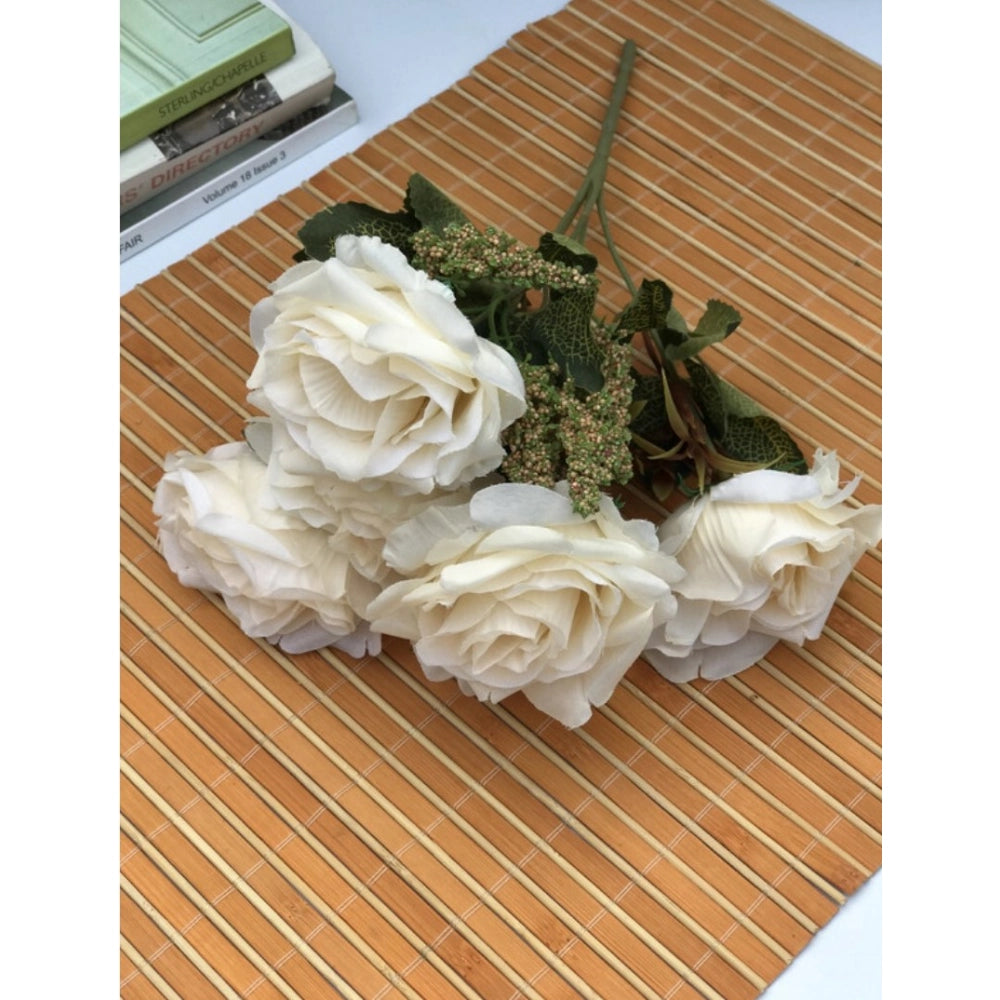 Generic Artificial Flowers Bunch Bouquet Of 5 Vintage Garden Roses For Home Decoration (White, Material:Silk, Polyester)