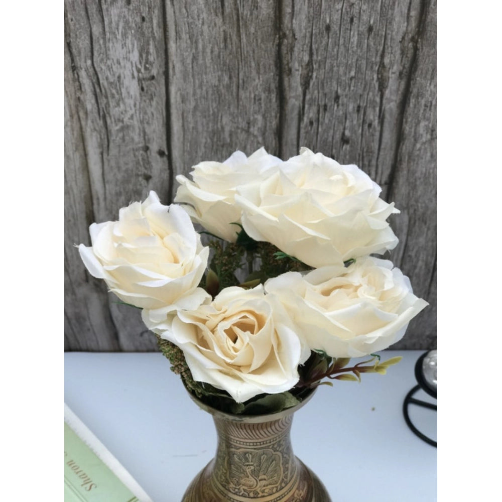 Generic Artificial Flowers Bunch Bouquet Of 5 Vintage Garden Roses For Home Decoration (White, Material:Silk, Polyester)